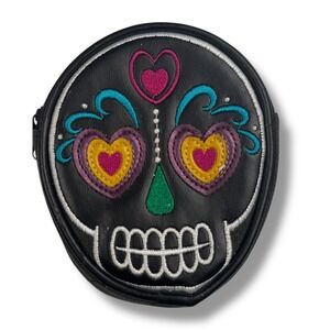 Day of the Dead Sugar Skull Coin Purse Embroidered Heart Eyes Small Zipper Pouch